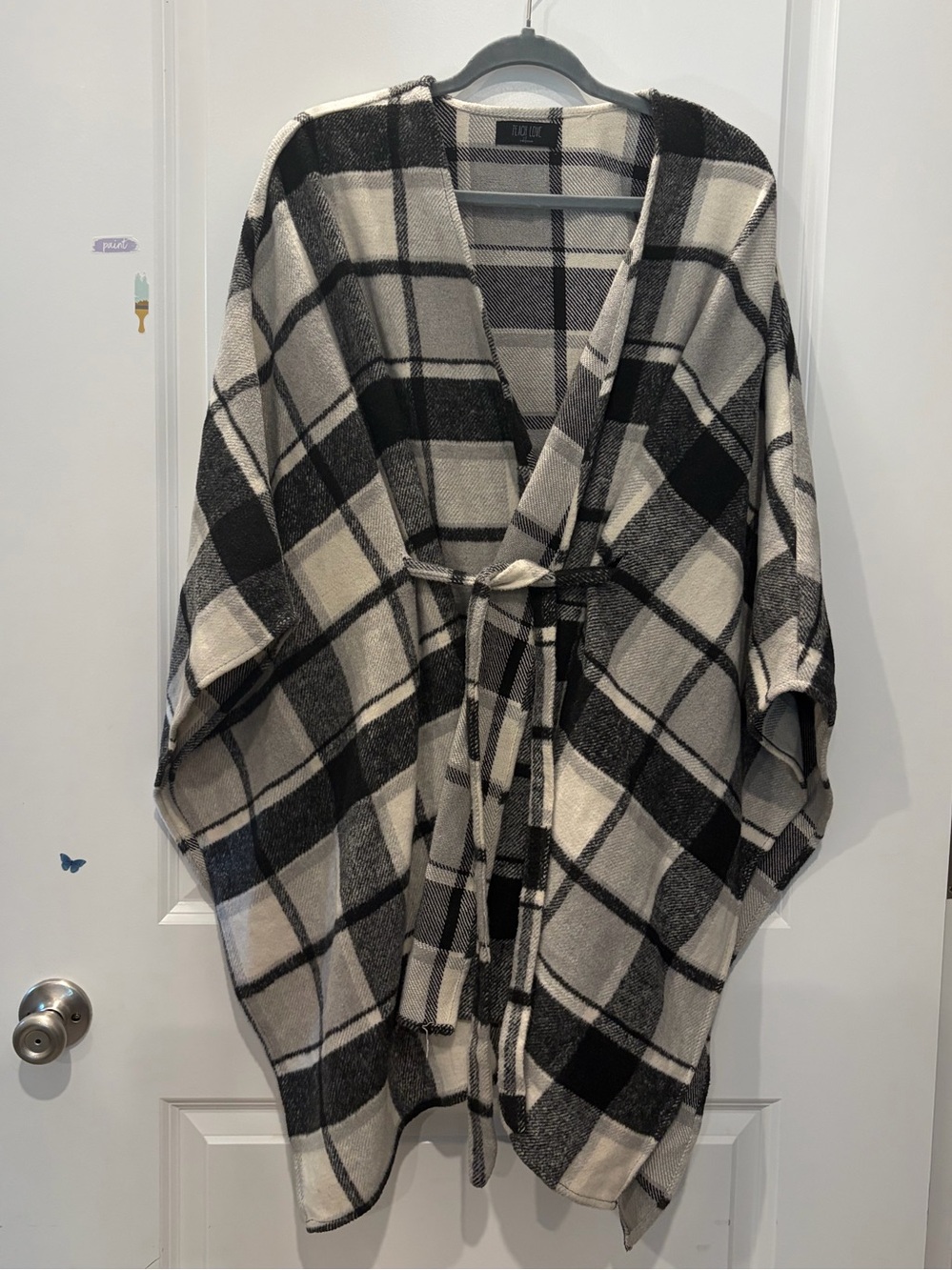 Peach Love California Black & Cream Plaid Wrap Cape with Belt